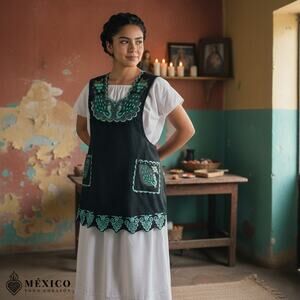 Green Mexican Embroidered Apron – Standard Kitchen Apron Floral Embroidery